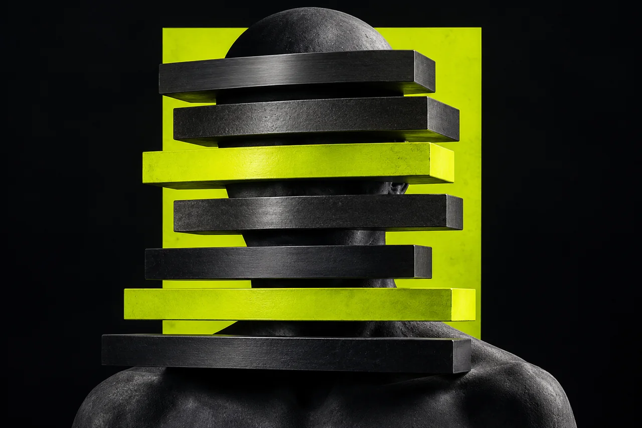 A graphite human sculpture with its identity concealed behind charcoal and lime privacy shutters.